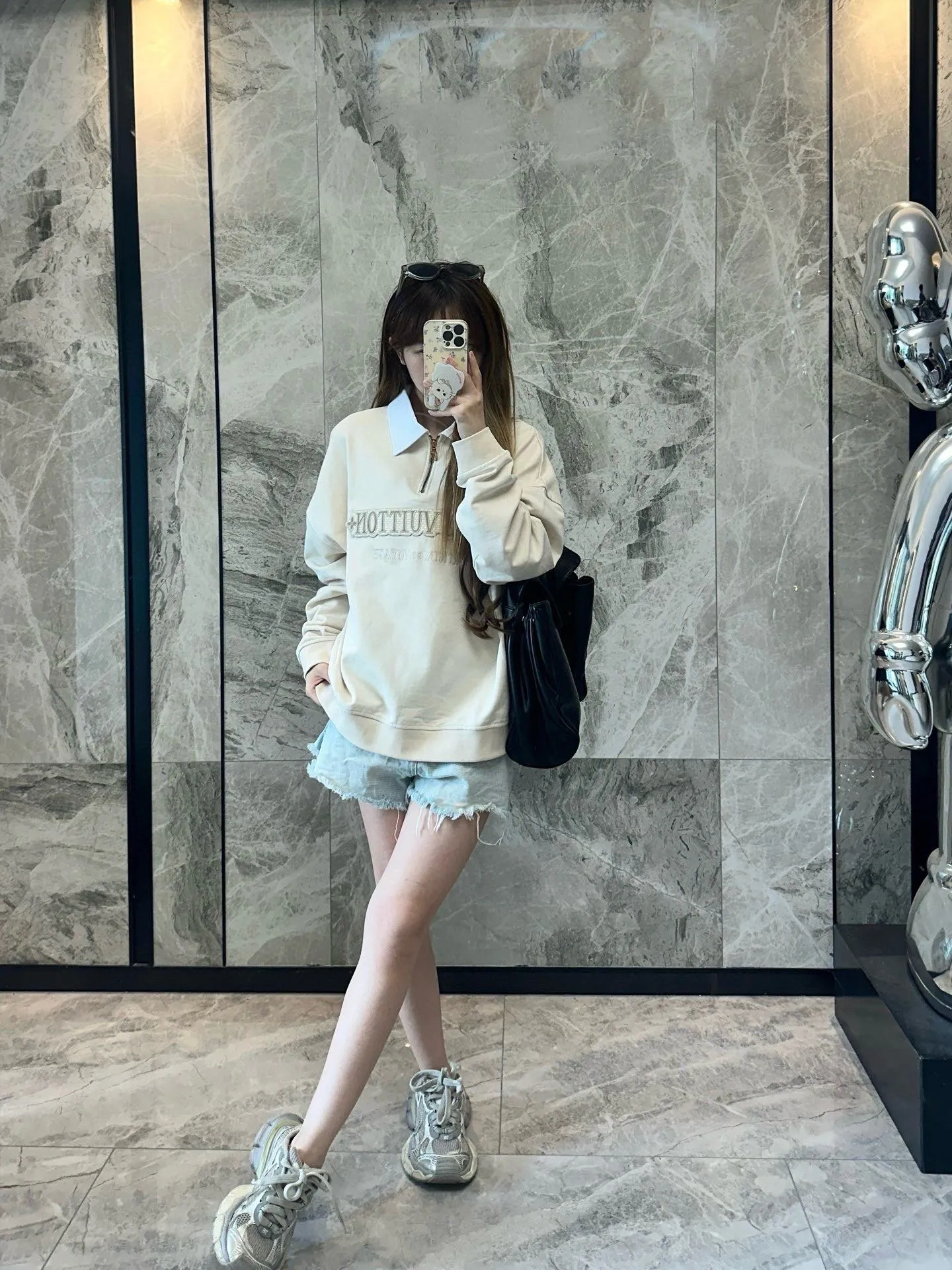 Louis Vuitton/Louis Vuitton 25Fw letter embroidered white lapel half-zip sweatshirt